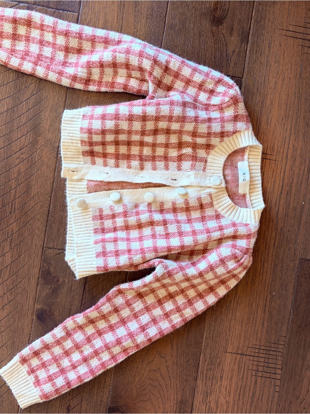 NEO Pink Cream Gingham Checkered Fuzzy Knit Cardigan Coquette Preppy
